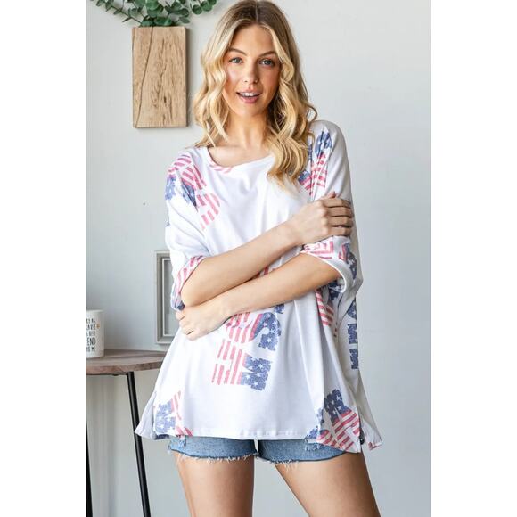 HOPELY American Flag Theme USA Lettering Graphic Round Neck T-Shirt | Off White - Picture 2 of 6